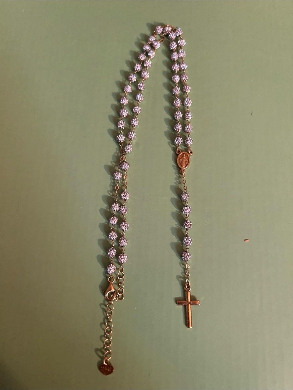 Gold over Sterling Rosary-Style Cross Necklace with Clear Crystal Beads